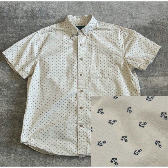 J Crew Always Shirt Mens Large 100% Cotton Anchor Print Cream - Picture 1 of 10